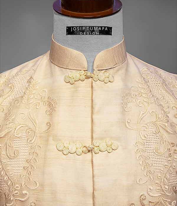 Embroidery on barong Tagalog, inspired by the flora and fauna of the Philippines, by designer Josip Tumapa