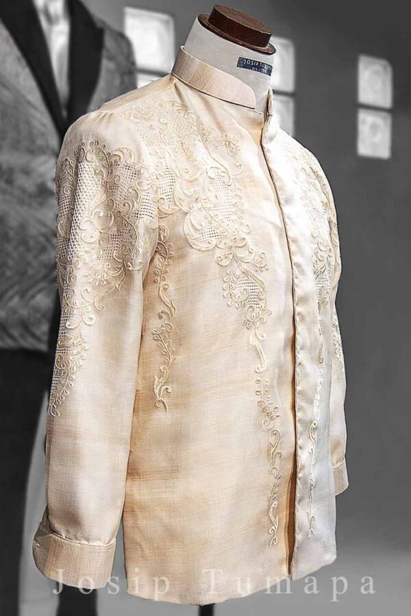 Barong Tagalog in classic style with botanical ornaments by designer Josip Tumapa