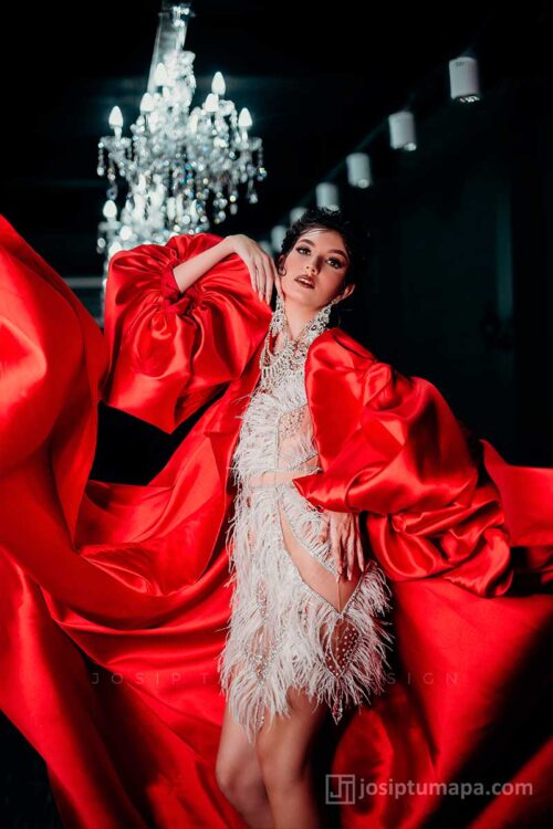 Evening dress in motion with a translucent feathered bodice and flowing red outer layer