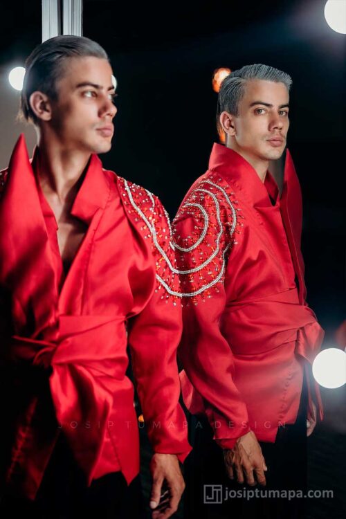 Red evening jacket shown from front and side angles, highlighting wrap construction and shoulder embroidery