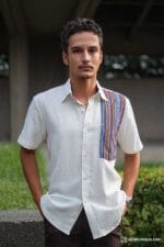 White button-up with vertical tribal stripe panel and pocket