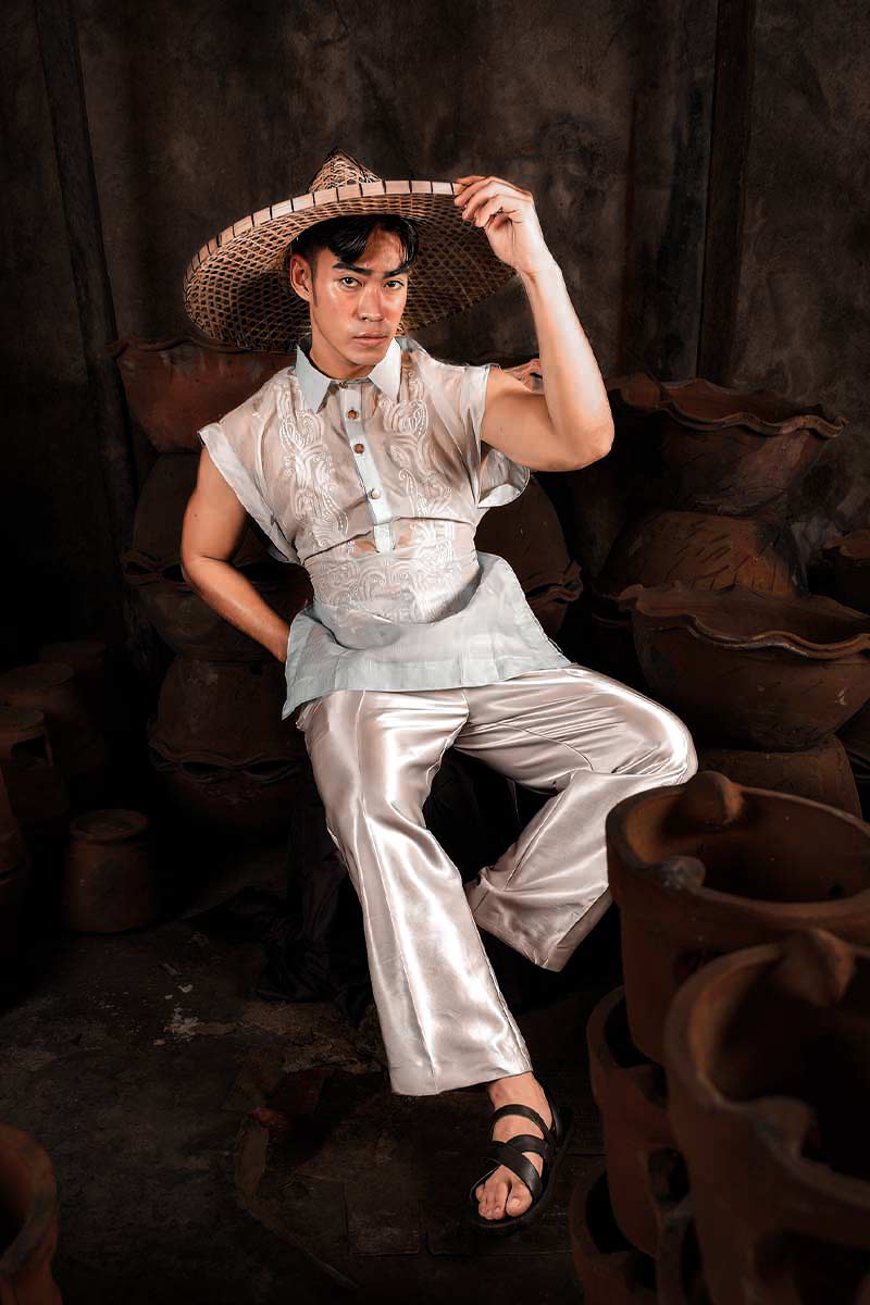 Sleeveless Barong Tagalog in piña cocoon silk with embroidered front panel and clean modern Filipino cut