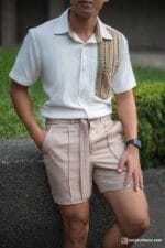 White textured shirt with beige tribal panel on relaxed silhouette