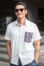 Short-sleeve white shirt with colorful woven pocket and collar accent