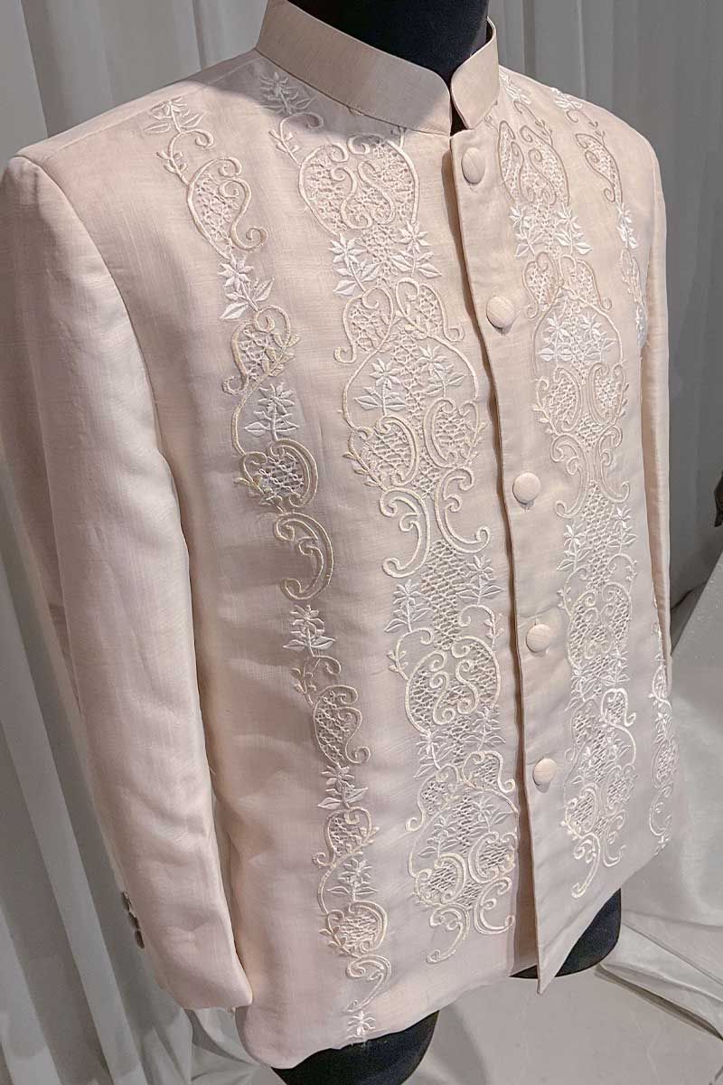 Piña Cocoon Barong Coat with ornate embroidery and formal silhouette