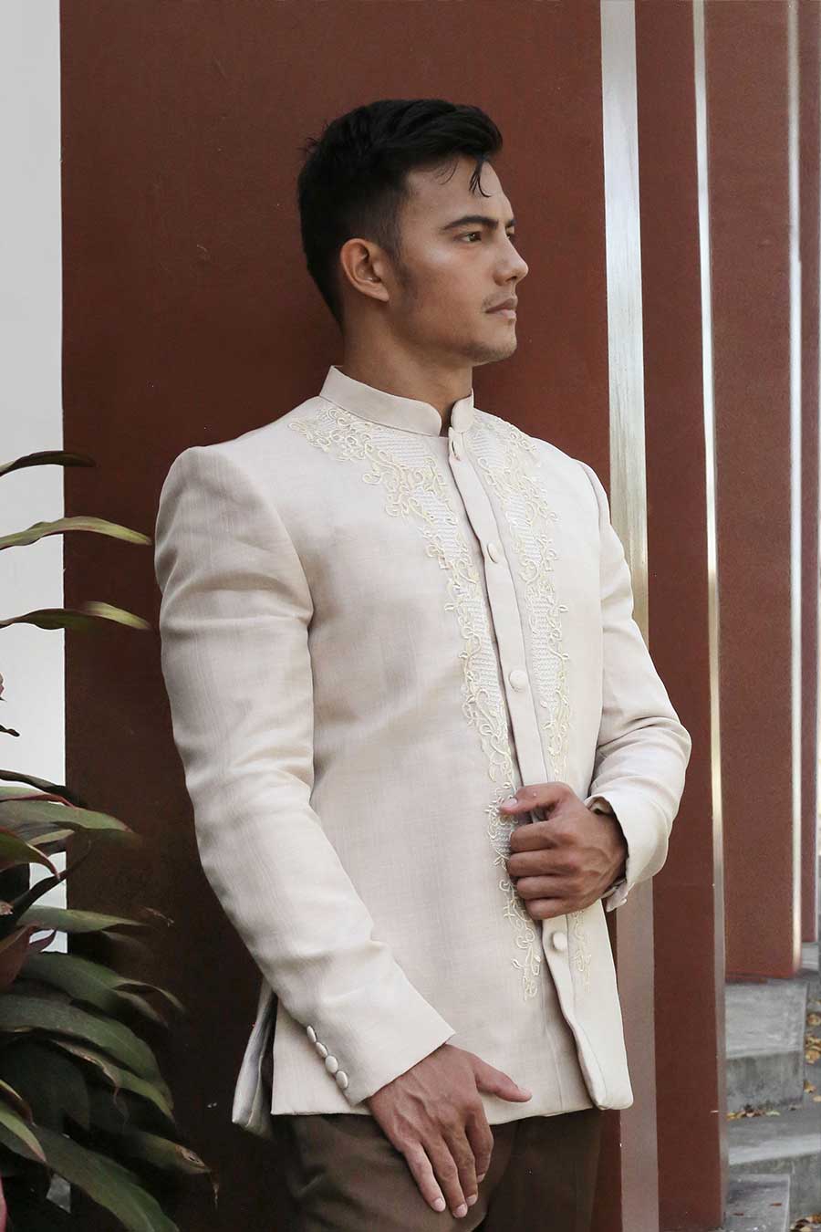 Barong Coat in Piña Cocoon Silk with refined embroidery