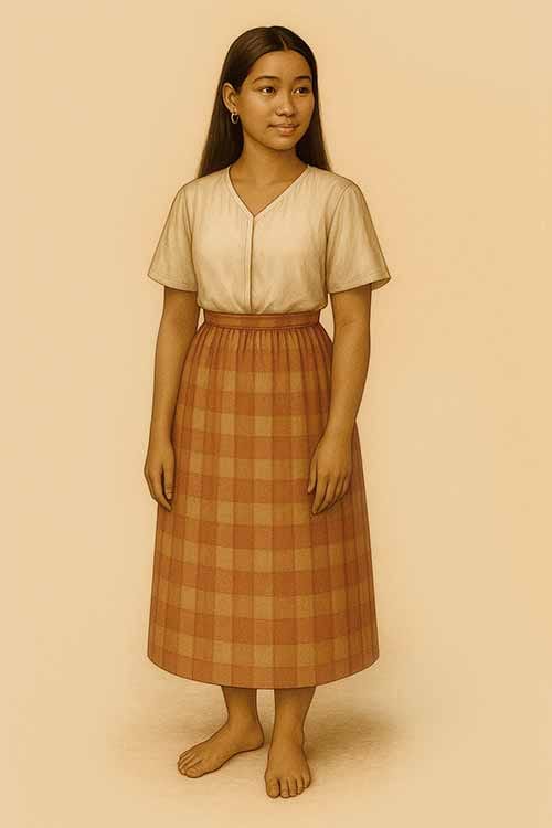 Baro’t Saya in cotton and cambaya fabric, worn by peasants and vendors in 17th–18th century Spanish Philippines