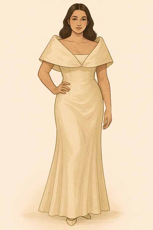 Filipiniana dress with panuelo shawl and smooth fabric for curves