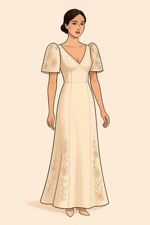 Filipiniana dress with V-neckline and light floral embroidery