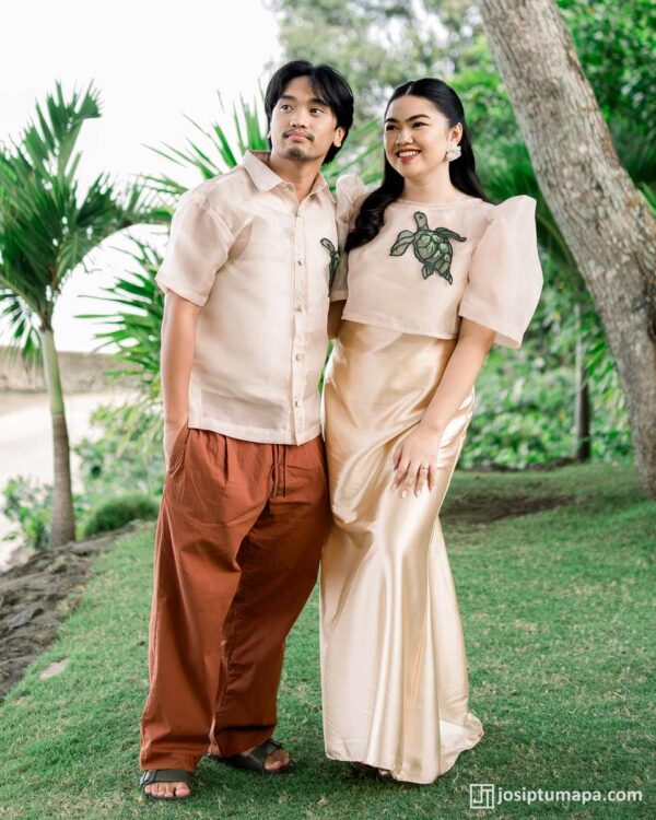 Couple in Filipiniana & Modern Barong Tagalog with turtle embroidery, premium wedding attire outdoors