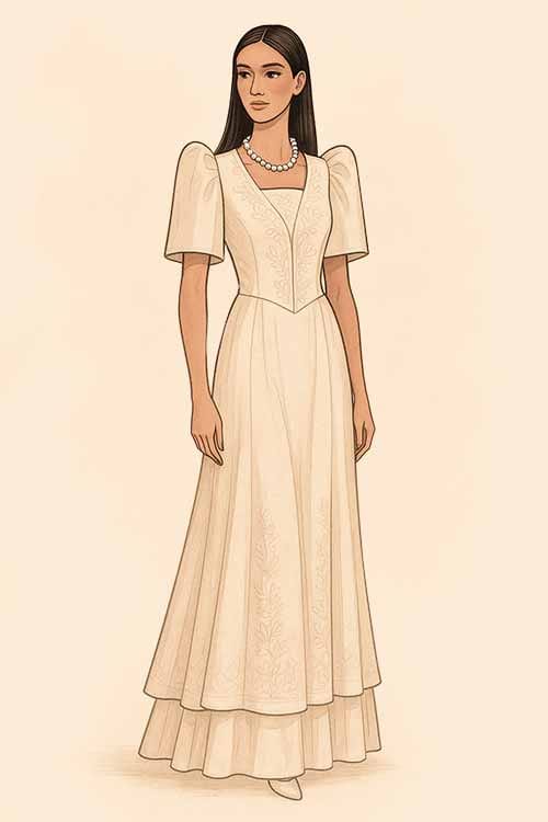 Traditional Baro’t Saya inspired Filipiniana with layered skirt and embroidery