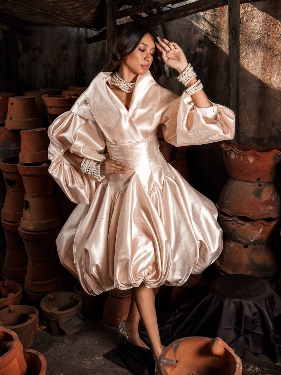 Contemporary Filipiniana dress inspired by Maria Clara with wide collar and satin volume
