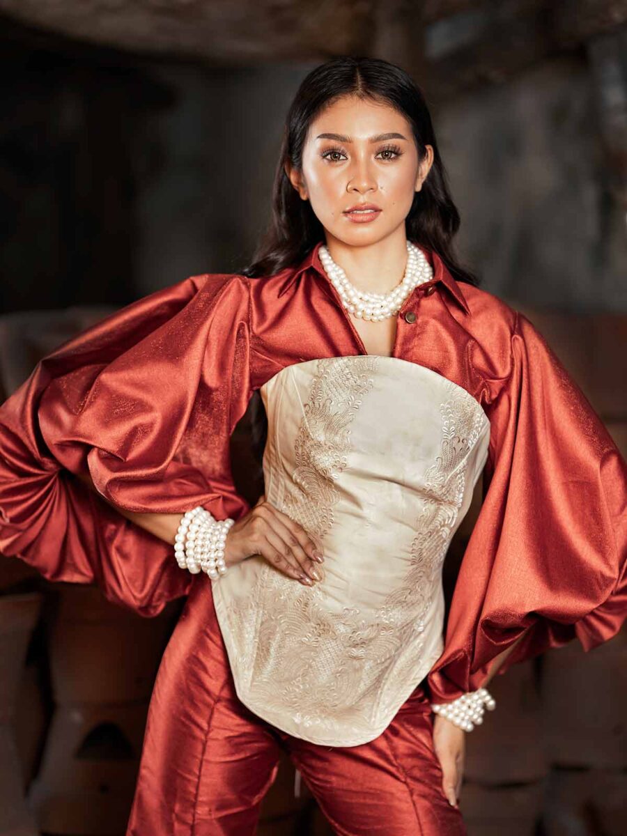 Modern Filipiniana Terno-inspired outfit with piña silk corset and voluminous sleeves