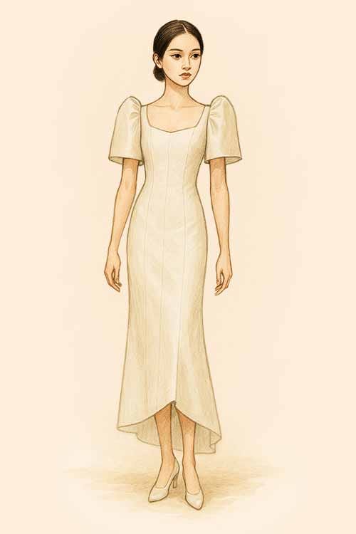 Light Filipiniana dress with vertical seams for petite figure