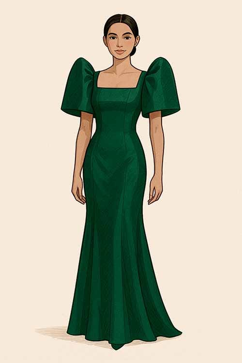 Emerald green Filipiniana with butterfly sleeves adding shoulder volume