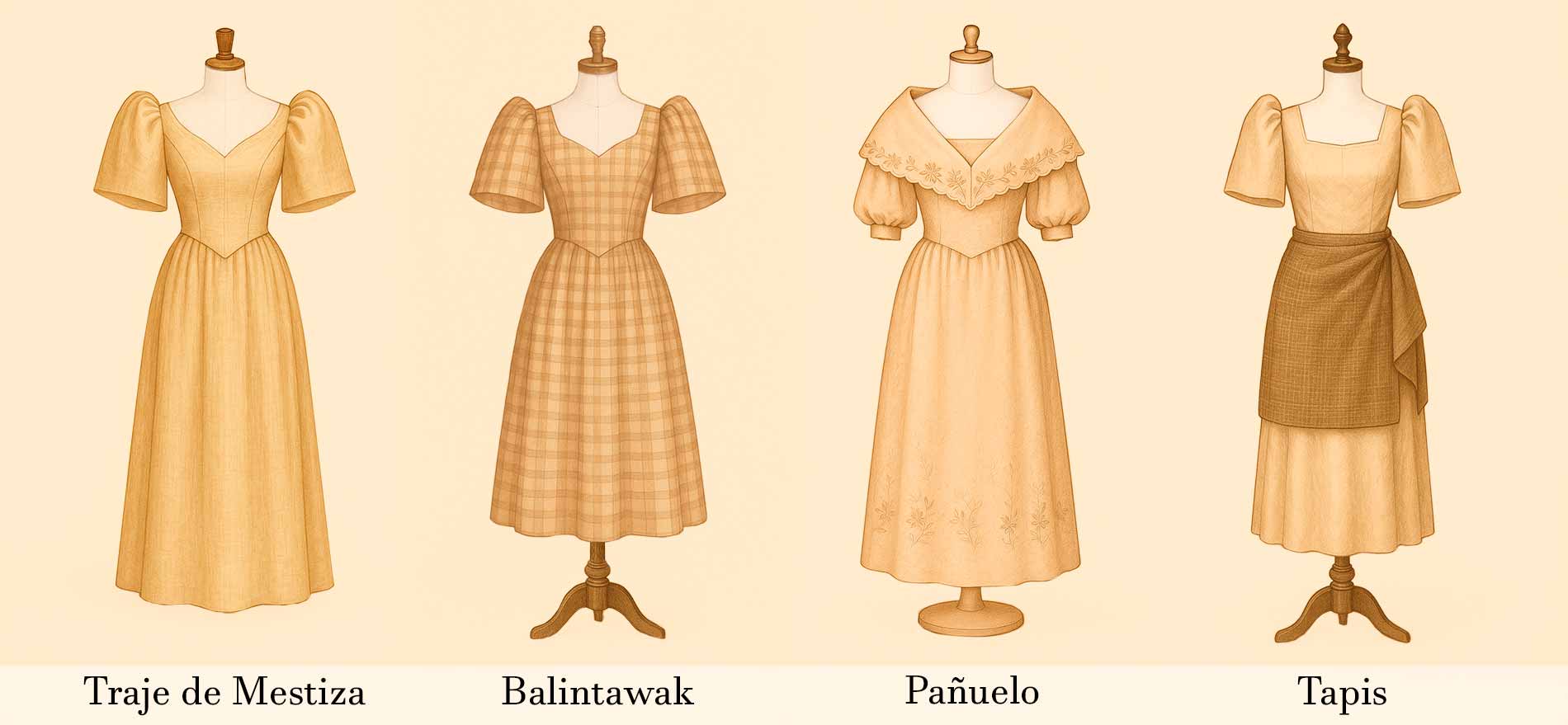 Filipiniana styles — Traje de Mestiza, Balintawak, Pañuelo, and Tapis from different historical periods