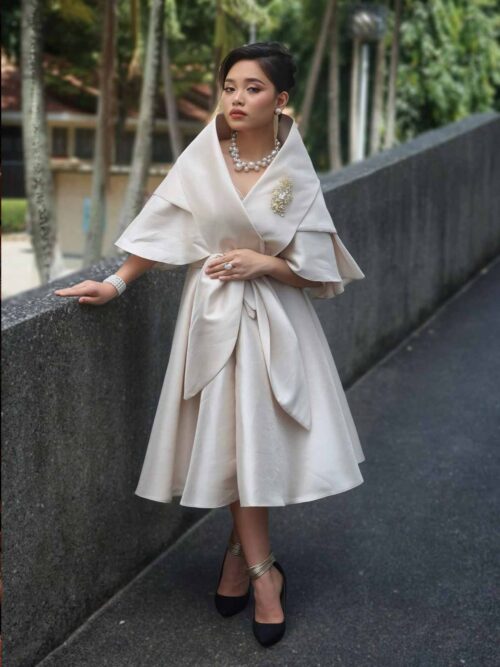 Modern Filipiniana dress with sculpted shawl inspired by the Pañuelo from 19th-century Maria Clara fashion