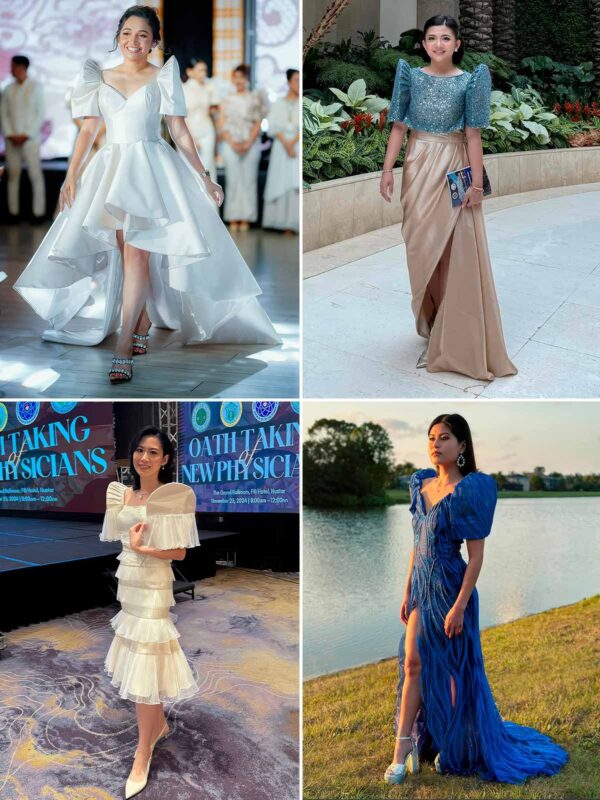 Modern Filipiniana dresses for formal and evening events, featuring contemporary Terno designs by Filipino creators