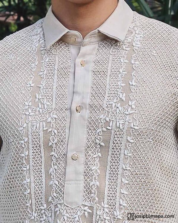 Close-up of calado embroidery on pure piña Barong Tagalog, showing handmade openwork by Filipino artisans