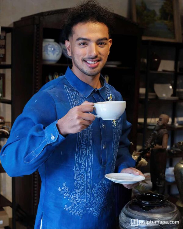 Smiling man wearing Blue Heritage Barong Tagalog in cocoon silk, designed for everyday wear
