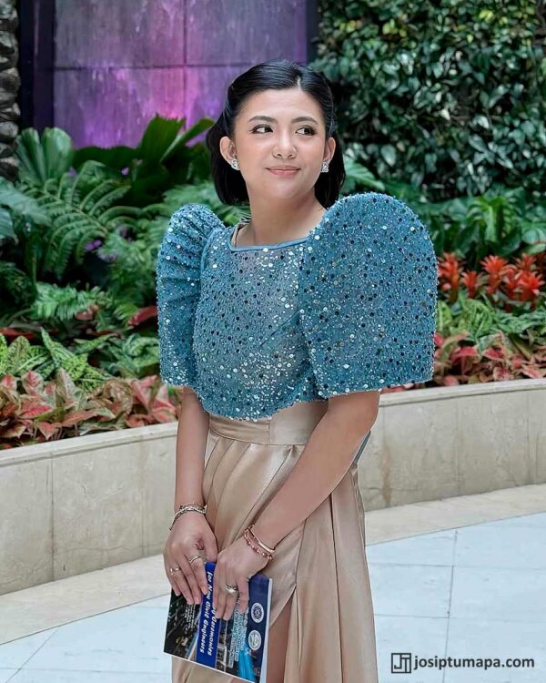 Custom-made Filipiniana with blue sequins and gold draped skirt