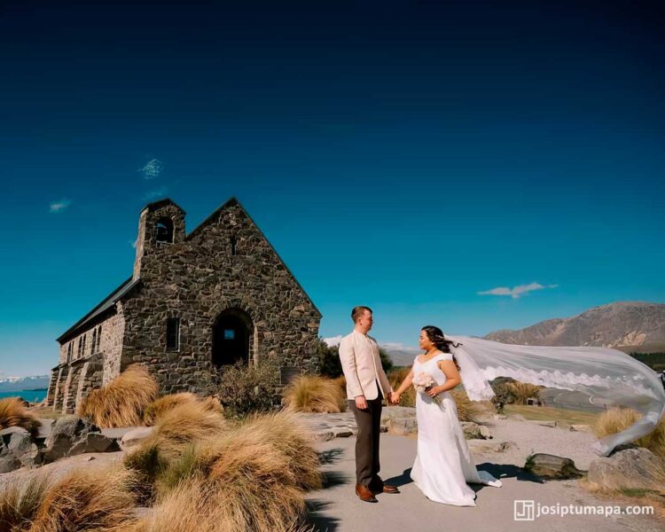 Bride and groom walking after ceremony — Coat Barong Tagalog and classic bridal gown