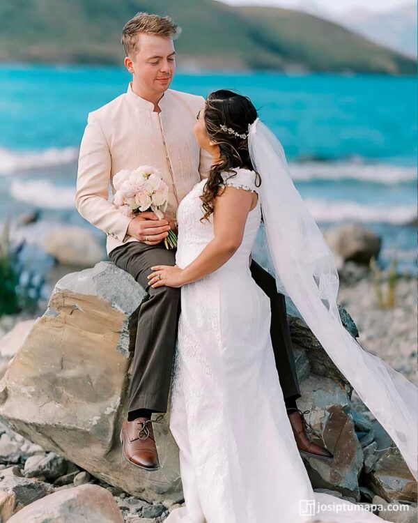 Bride and groom in custom wedding attire — Piña Cocoon Silk Barong and lace bridal gown