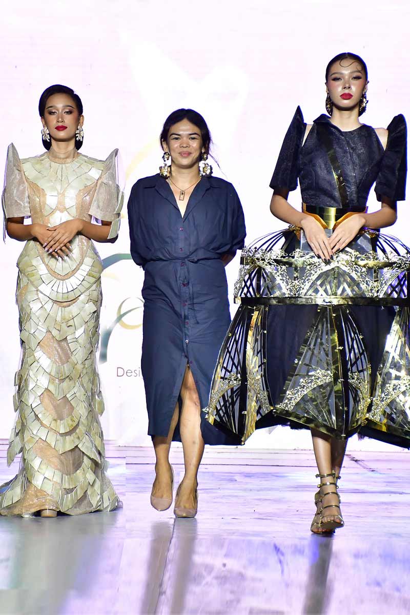Two Filipiniana Terno runway looks with sculptural sleeves and geometric construction, presented together as a contemporary collection