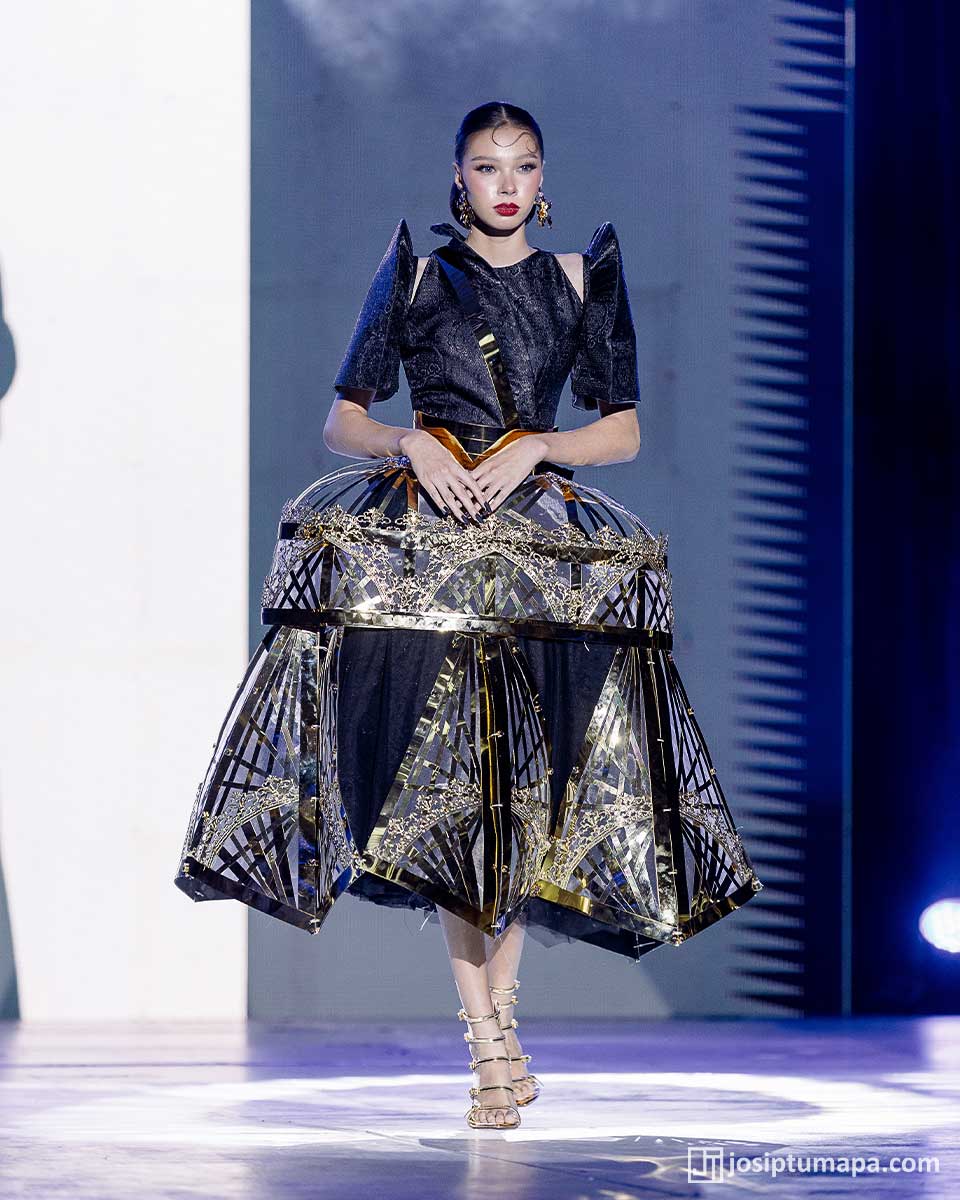 Filipiniana Terno with structured bodice, rigid metallic skirt framework, and geometric stage silhouette