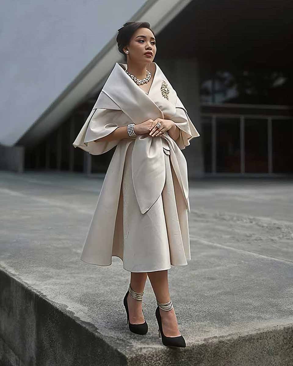 Short formal dress with wide collar construction, layered front panels, and knee-length skirt intended for formal daytime wear