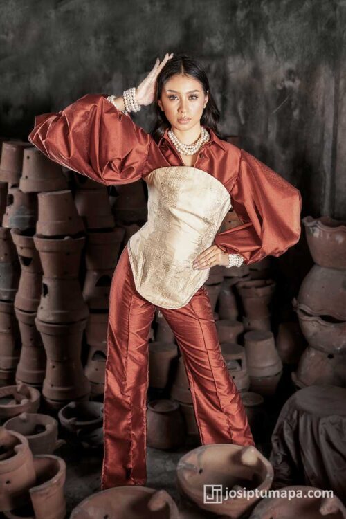 Full-length scarlet terno ensemble with elongated proportions, balanced sleeve volume and formal posture, shown on model Erica Jean Cadayday
