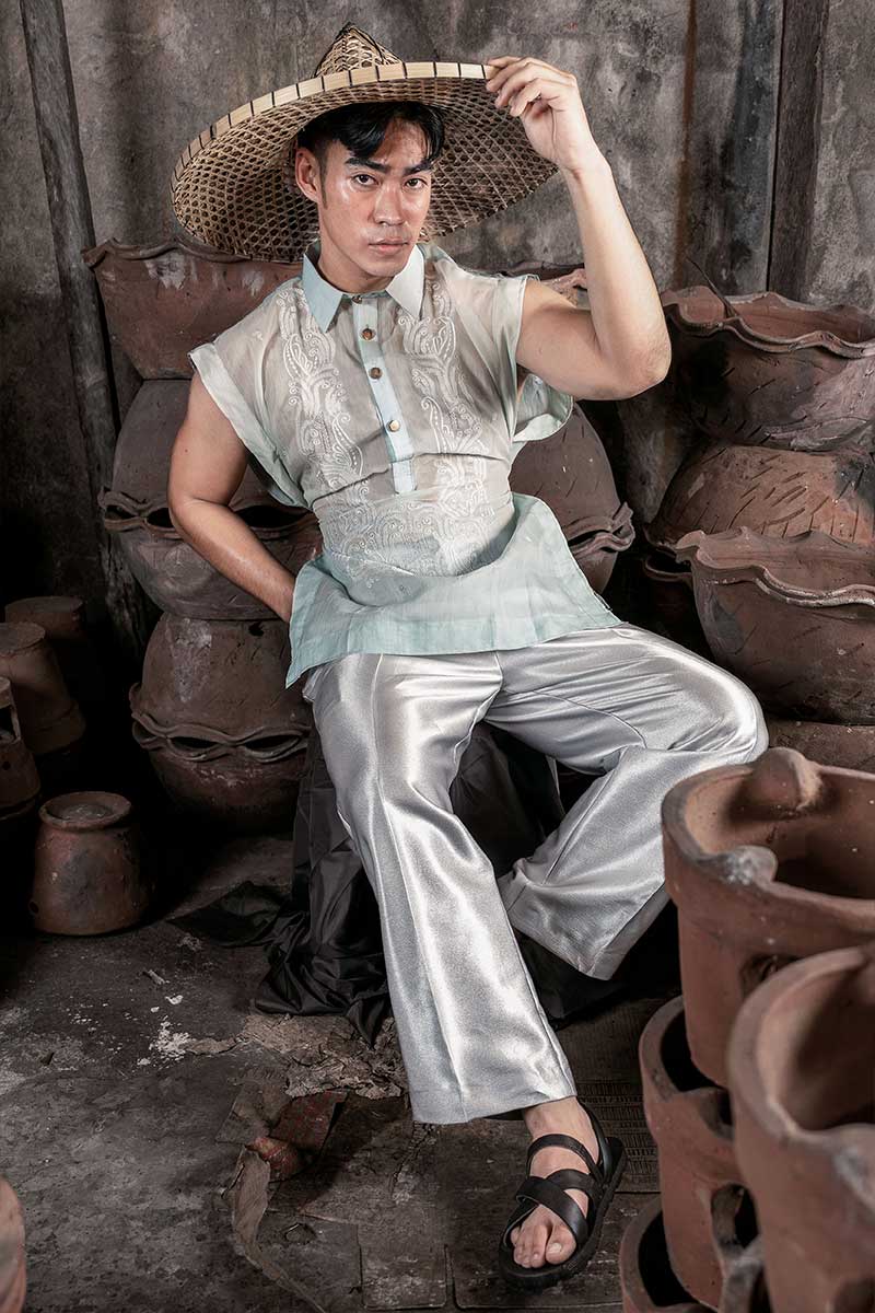 Sleeveless Barong Tagalog in piña cocoon silk with embroidered front panel and clean modern Filipino cut