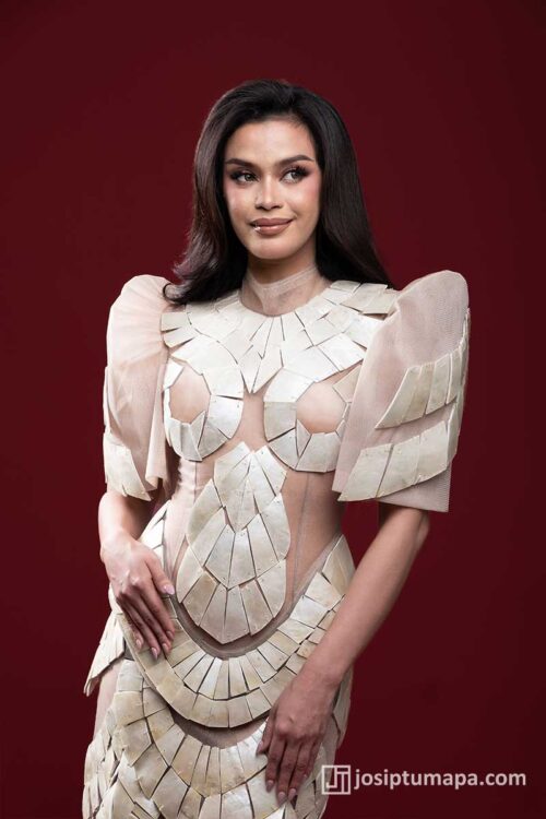 Filipiniana Terno bodice with shell-based surface and structured sleeves