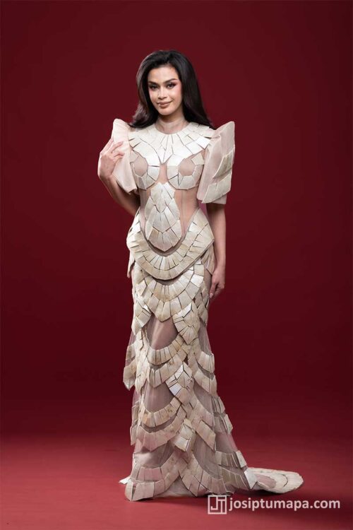 Full-length Filipiniana Terno with layered capiz shell construction