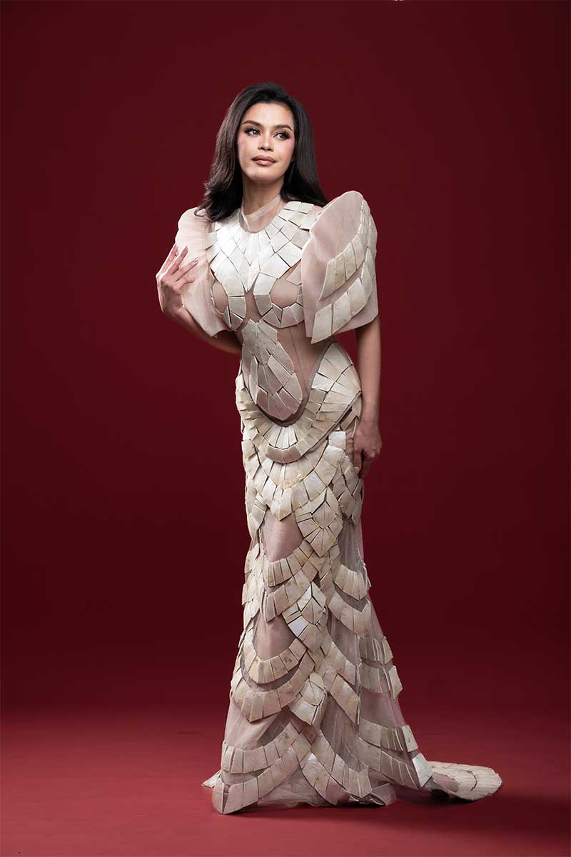 Ivory Light Filipiniana dress with shaped shell pieces and butterfly sleeves