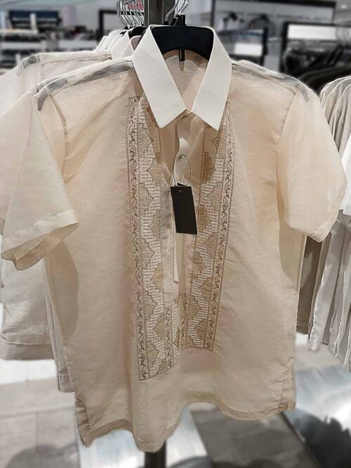 Synthetic Jusi Linen Barong for Budget Buyers Short-sleeve Barong Tagalog in synthetic jusi linen with front embroidery panels, shown as a ready-to-wear budget option
