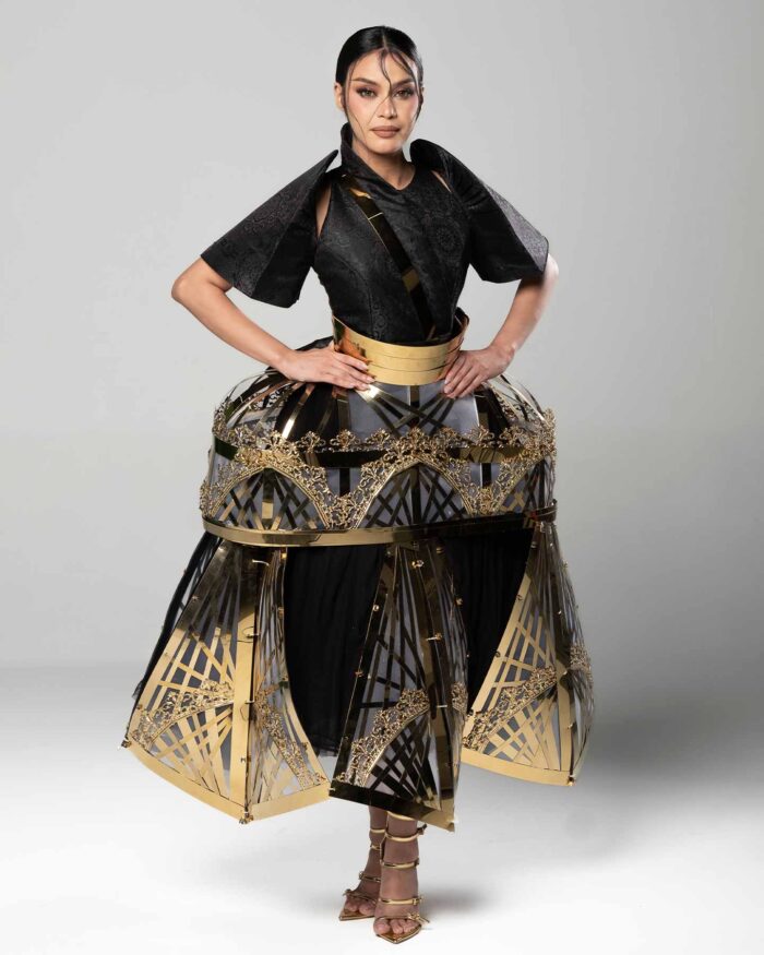 Full Filipiniana look with separated volume and light-reactive lower section designed for stage presence