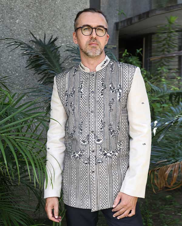 Custom Barong Tagalog with individual black ornament and front-opening design