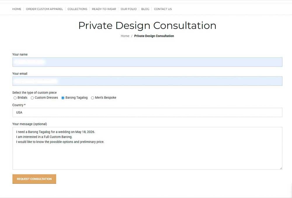 Barong Tagalog Consultation Form Custom Barong Tagalog consultation form with Barong Tagalog selected