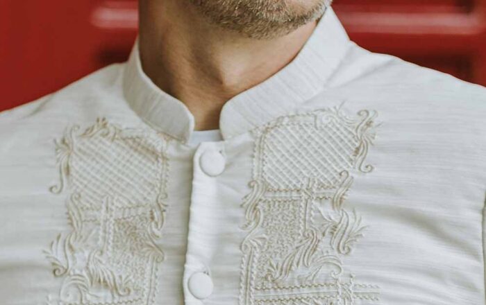 Barong Tagalog Style Reference Reference image showing Barong Tagalog collar shape and upper front style